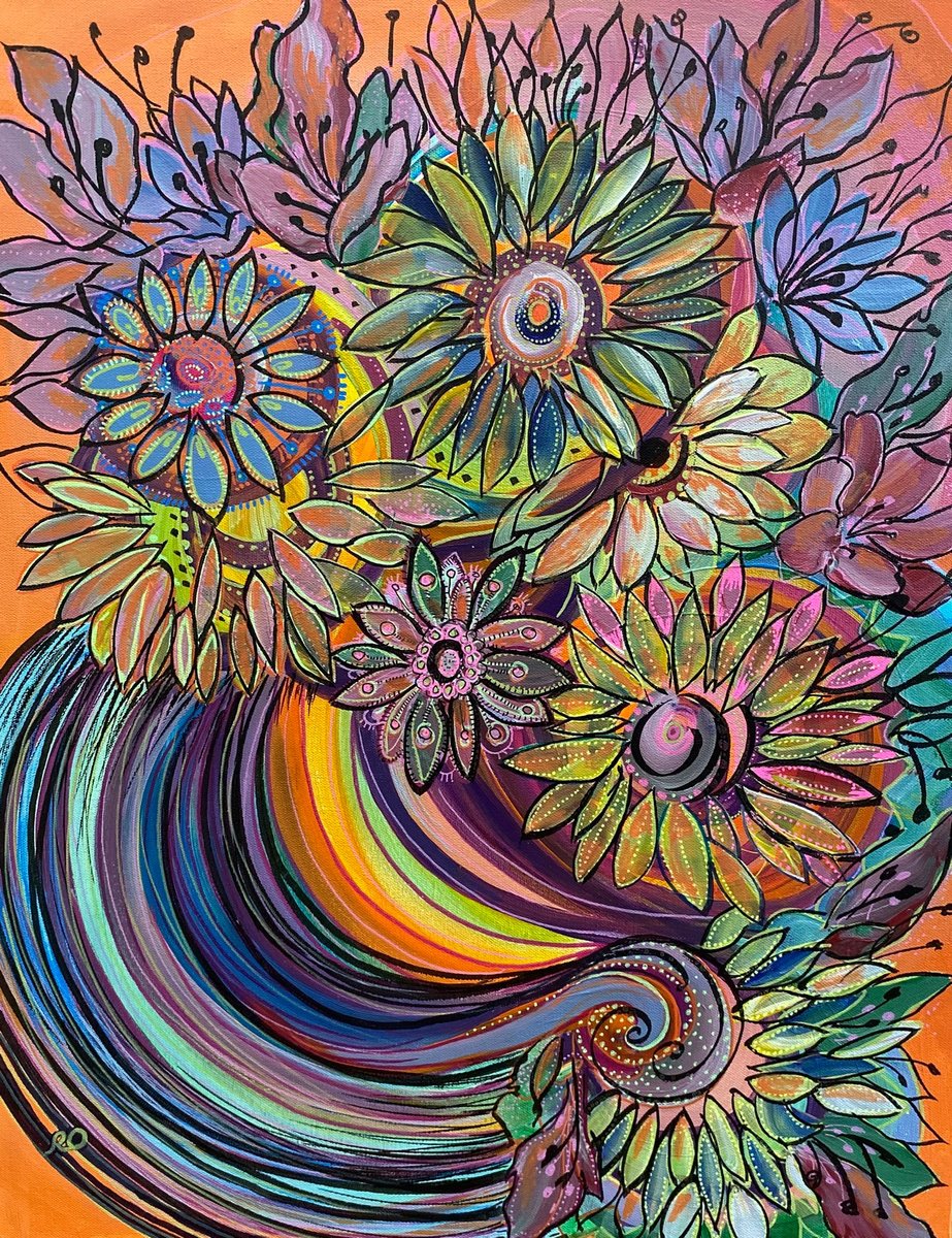 Flowers in striped vase by Olga Rokhmanyuk | ROArtUS