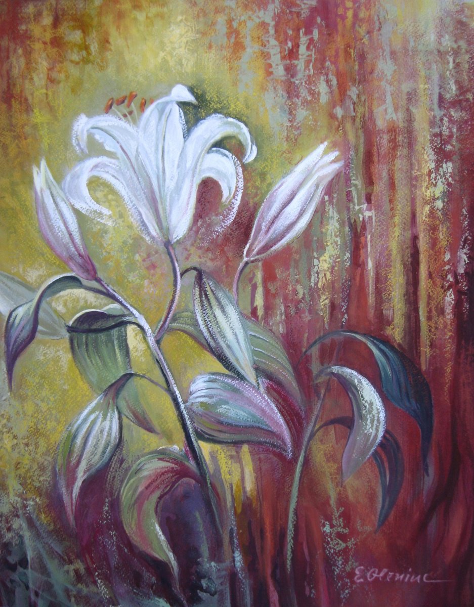 Impressionistic Botanical Painting By Elena Oleniuc, 15 X 19, White Lily, Original Artwork