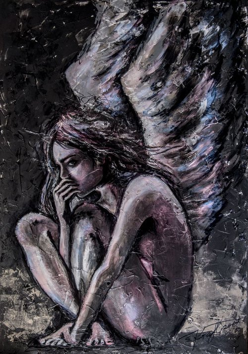 "Fallen Angel ",Original Acrylic painting on canvas,large format 60x90x3cm by Elena Kraft
