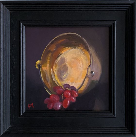 Brass Vintage Pot & Grapes still life original oil painting ideal gift home decor.