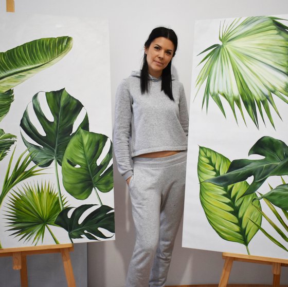 Oil painting with tropical leaves 100*120 cm