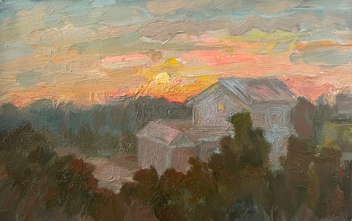 Evening sky in Ukraine oil artwork by Roman Sergienko