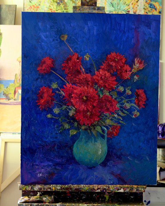 Red Georginas in a Vase