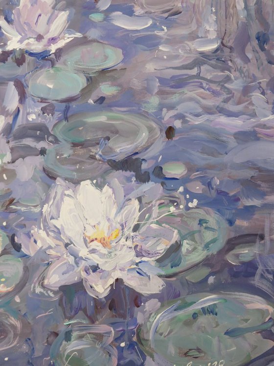 Large painting 160x100 cm unstretched canvas "Lilies in a dark water" i030 original artwork by Airinlea