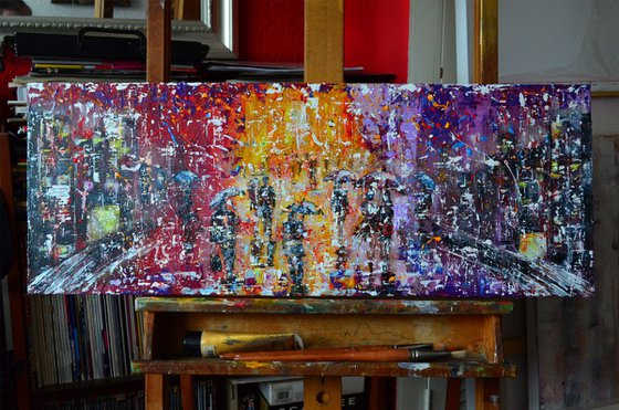 Rainy City - Ready to Hang, Palette knife Modern City Urban art