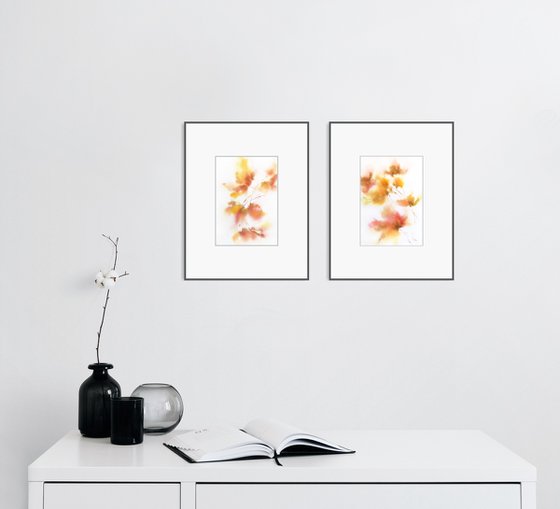 Yellow abstract flowers watercolor painting set of 2