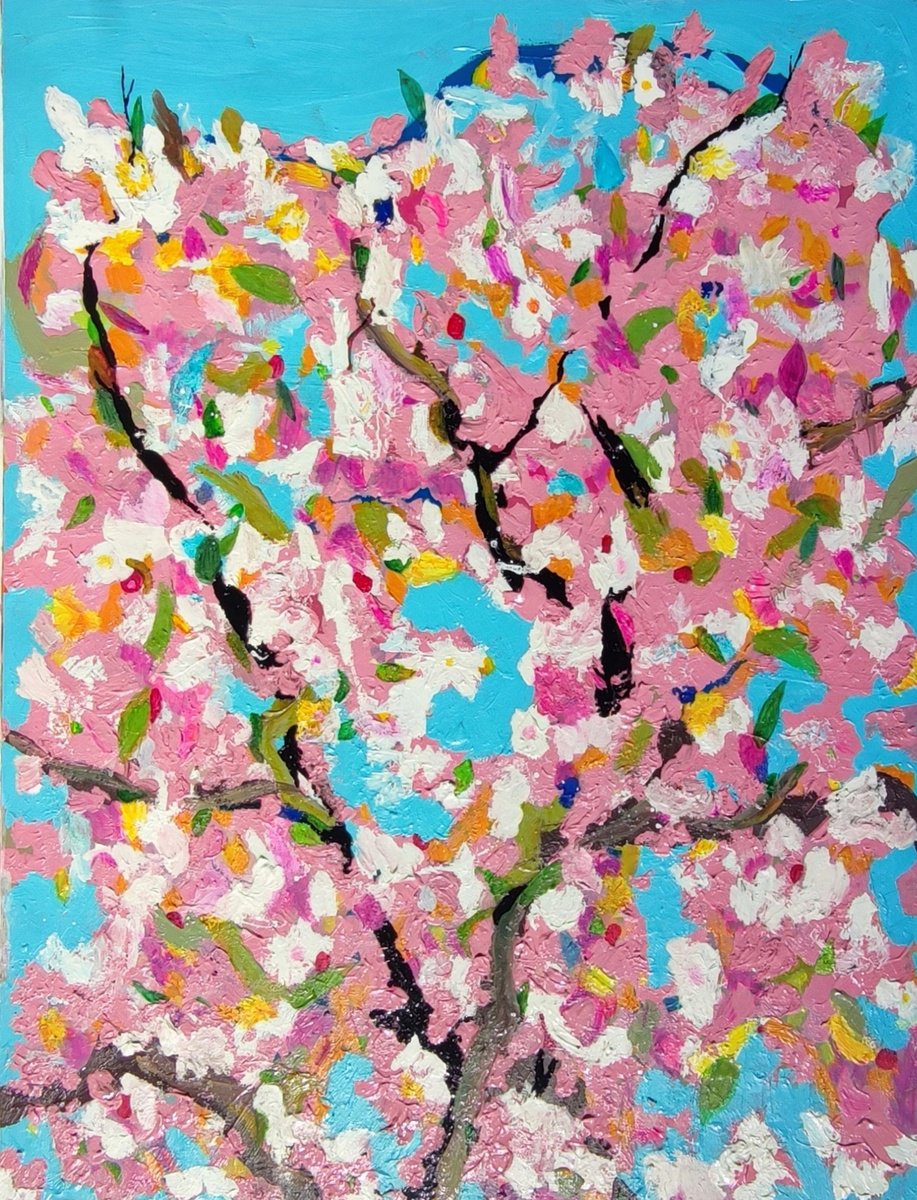 Impressionistic Botanical Oil Painting By Chrissy Guest, 20 X 26, Cherry Blossom Time, Original Artwork