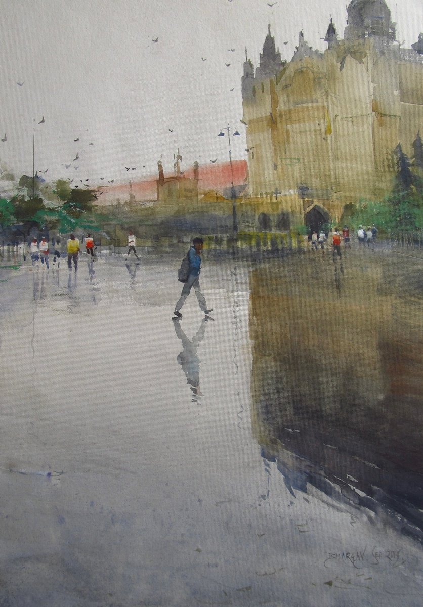 Impressionistic Cityscapes Watercolour By Bhargavkumar Kulkarni, 14 X 21, Mumbai Monsoon 2, Original Artwork
