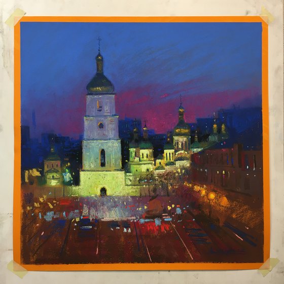 Night city Kyiv Ukraine Soft pastel 19.6x19.6 inch (50x50 cm)