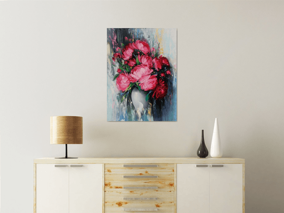 Peonies (60x80cm, oil painting, palette knife, ready to hang)