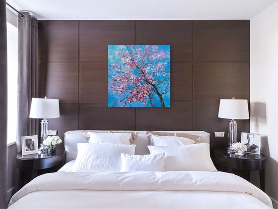 Flowering peach tree Original oil painting FREE SHIPPING