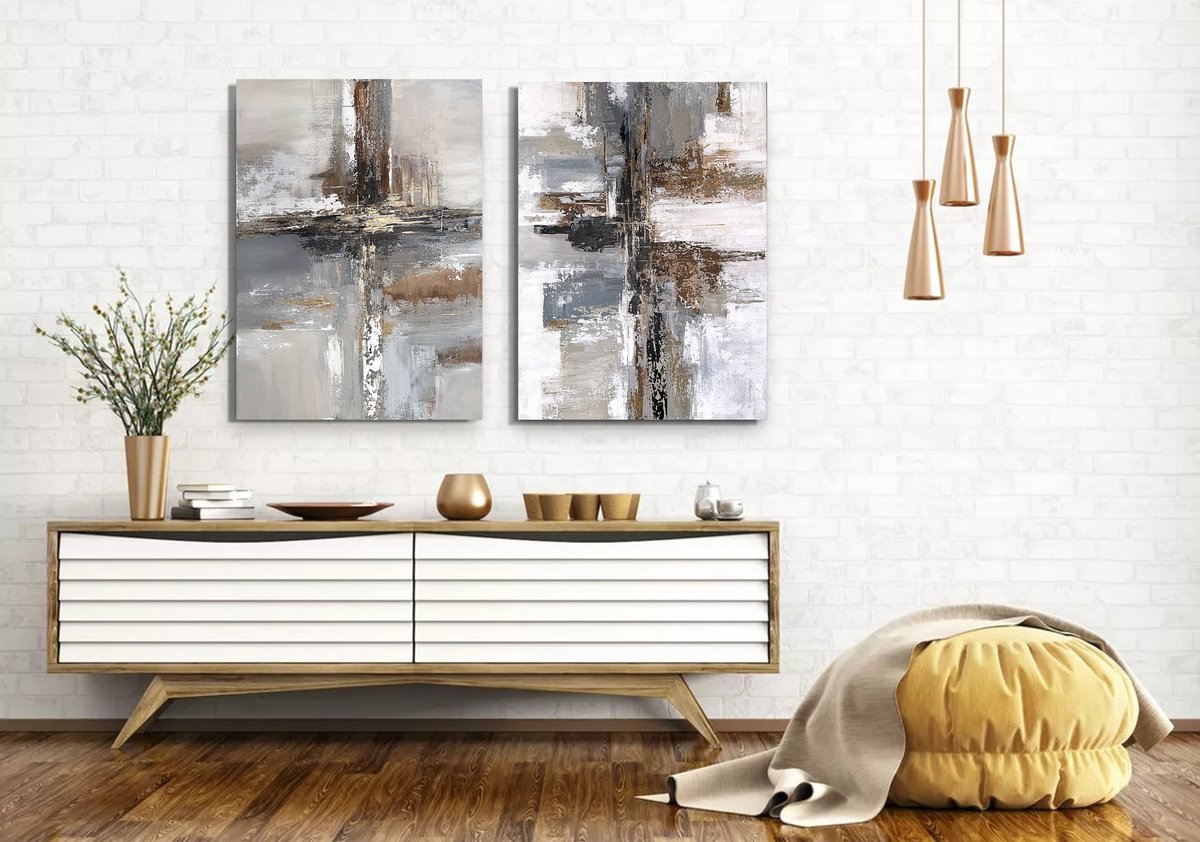 Geometric Cityscapes Acrylic Painting By Tatiana Malinovscaia, 39 X 28", Golden Mist & Grey Veil, Original Artwork