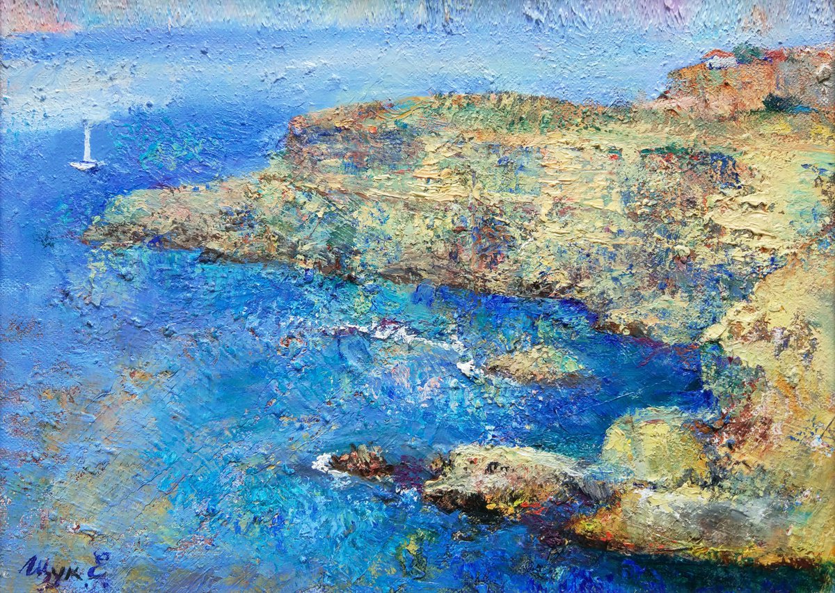 Sea blue and rocks. Picture framed. Original oil painting by Helen Shukina