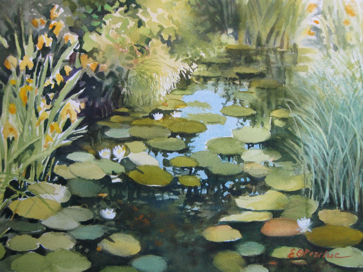 Impressionistic Landscape Watercolour By Elena Oleniuc, 15 X 11, Pond, Original Artwork