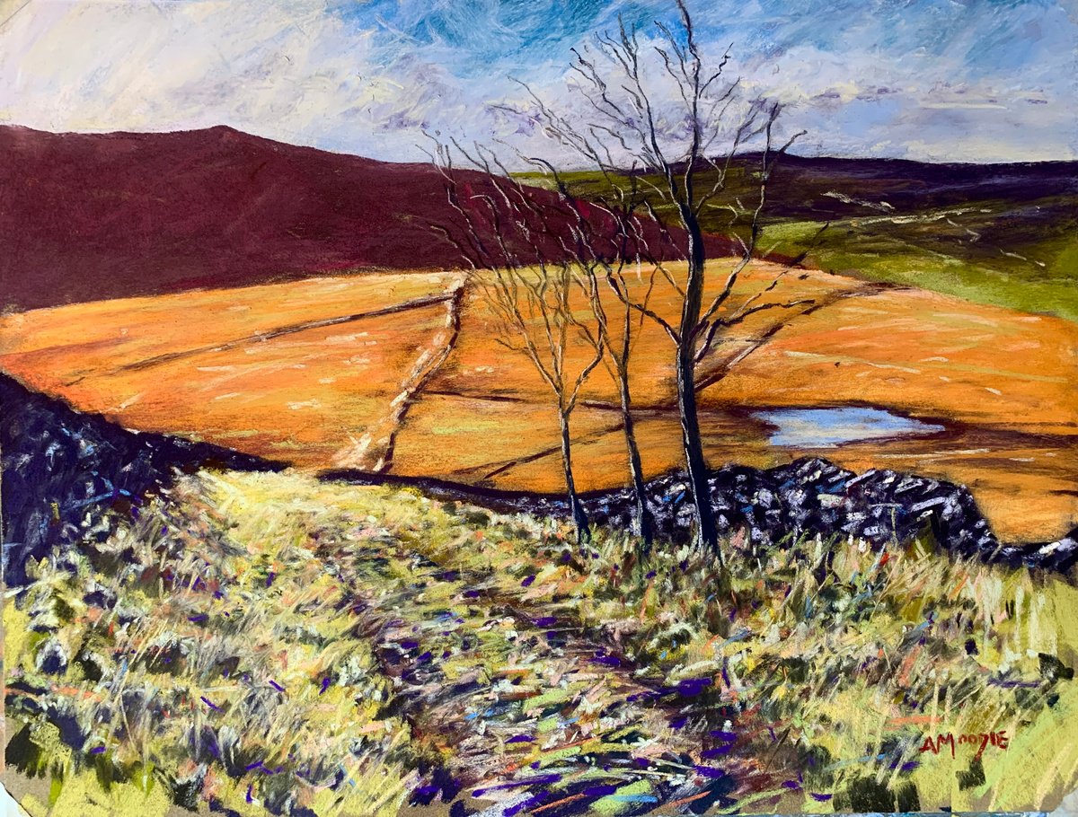 Impressionistic Landscape Pastel Drawing By Andrew Moodie, 24 X 18, Valley Pathways, Original Artwork