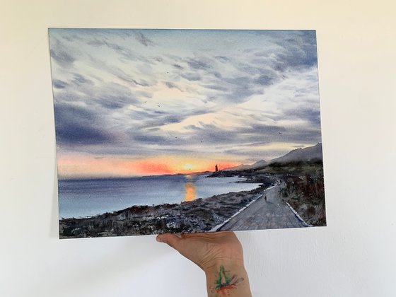 Sunset on the sea, Lighthouse