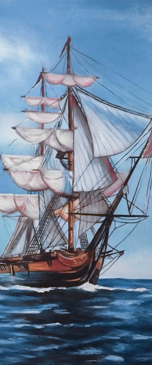 "Sailing Ship at Sea" Original Oil Painting by Gábor Szőke