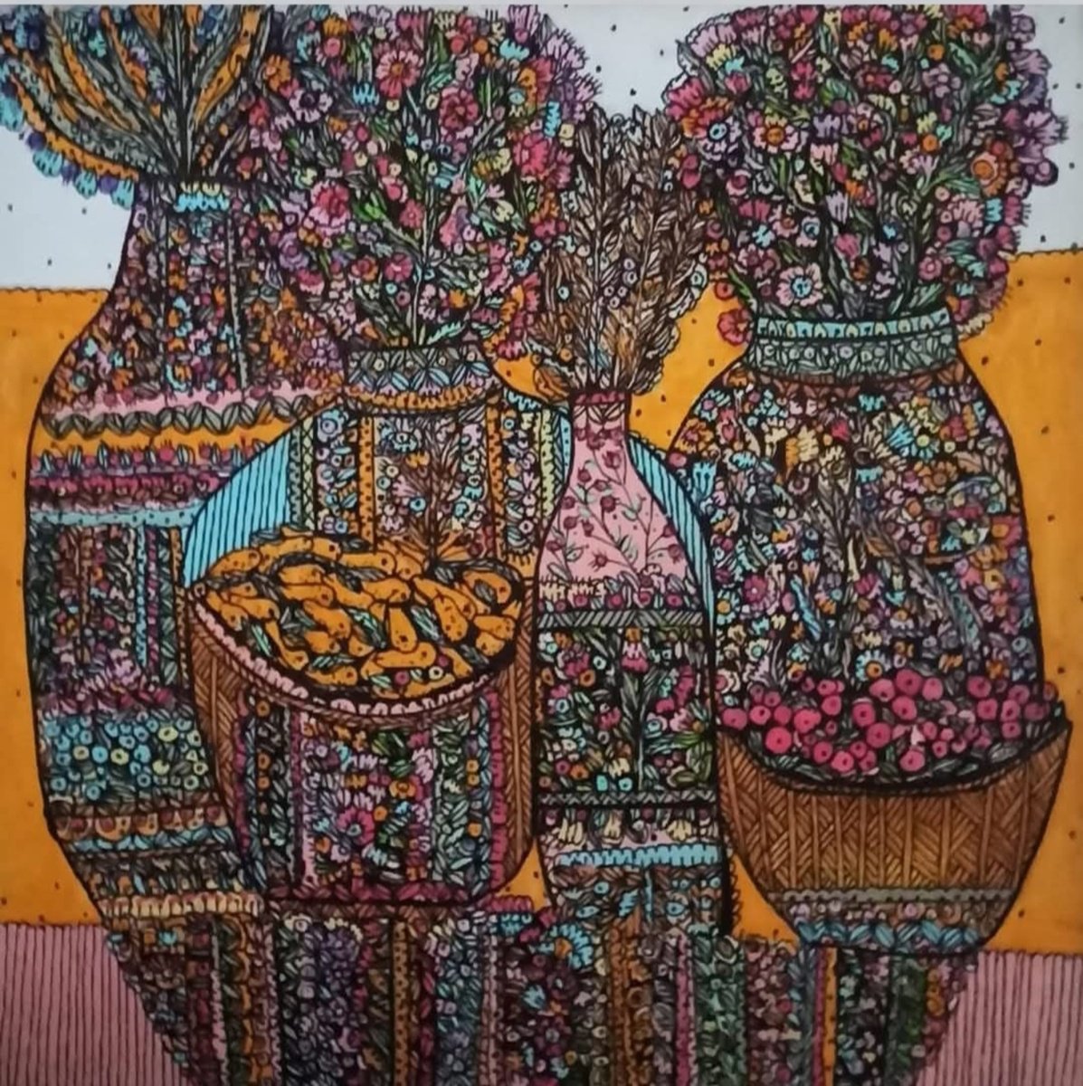 Graphic Still Life Acrylic Painting By Tetiana Osadchuk, 12 X 12", Still Life On Yellow, Original Artwork