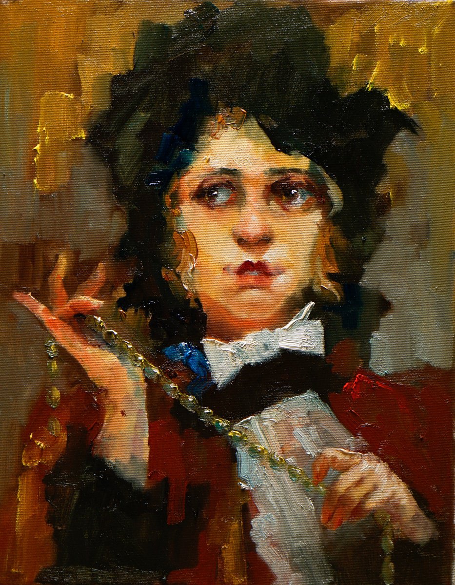 Impressionistic Portrait Oil Painting By Pavel Filin, 14 X 18", Girl With Beads, Original Artwork
