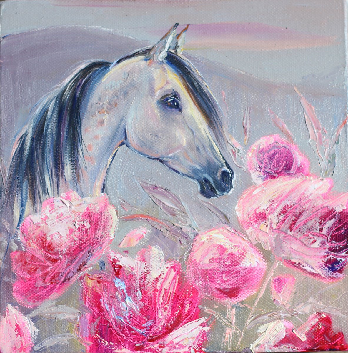 Impressionistic Animal Oil Painting By Elina Vetrova, 8 X 8, A Horse Among The Peonies, Original Artwork