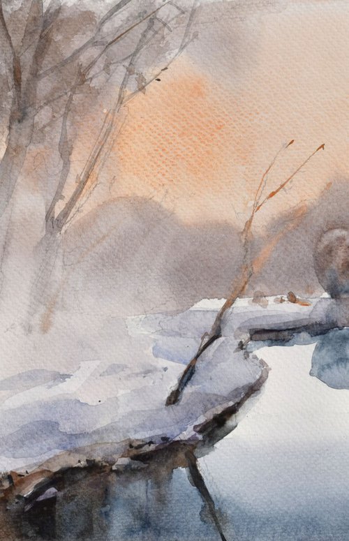 Foggy winter sunset by Goran Žigolić Watercolors