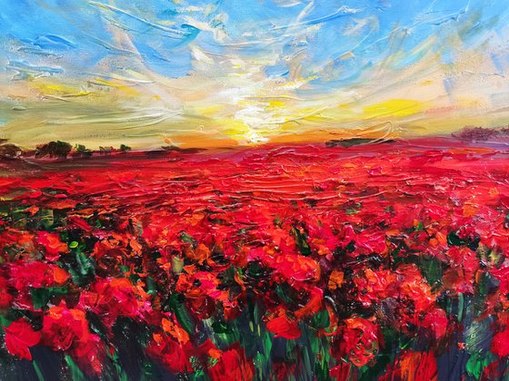 Red  Poppy Field. Original Impasto Acryl Painting With Palette Knife.