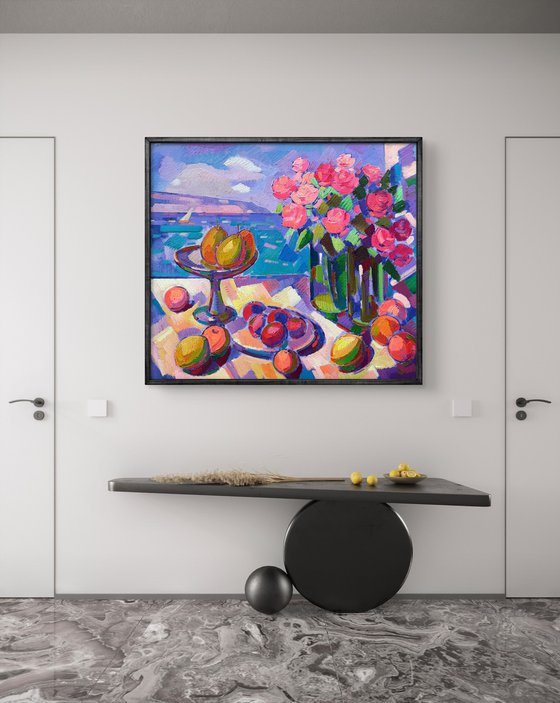 Roses and fruits on the shore