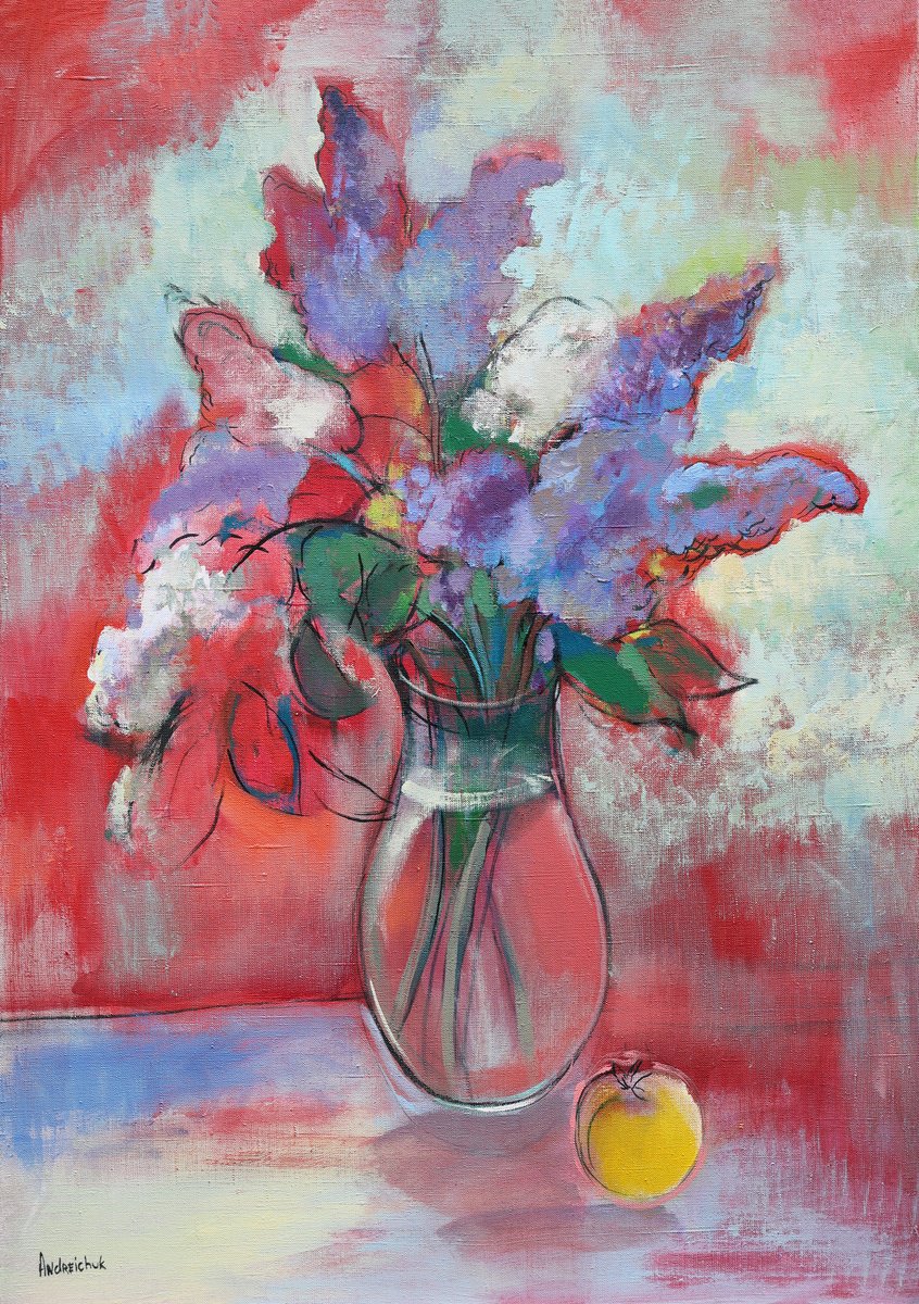 Impressionistic Still Life Acrylic Painting By Artem Andreichuk, 24 X 33, Lilac, Original Artwork