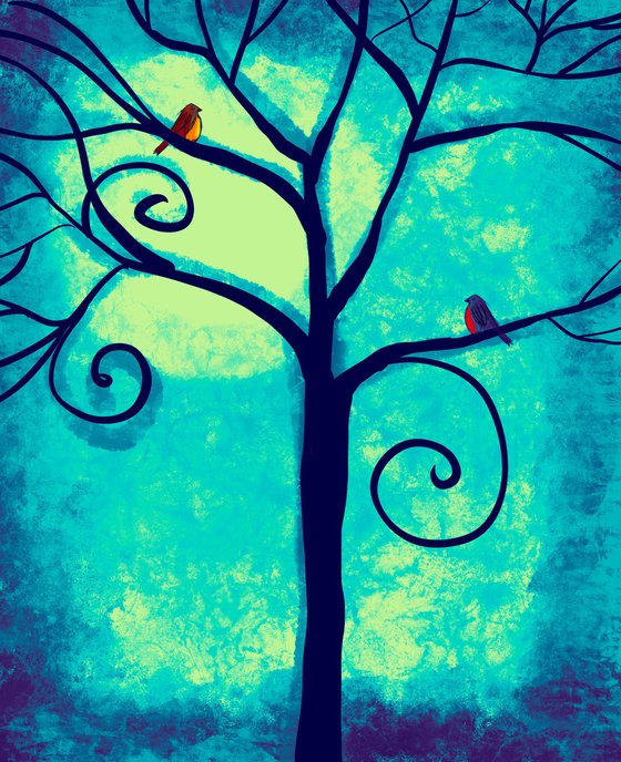 Birds of a Feather , cute lovebird tree artwork green edition