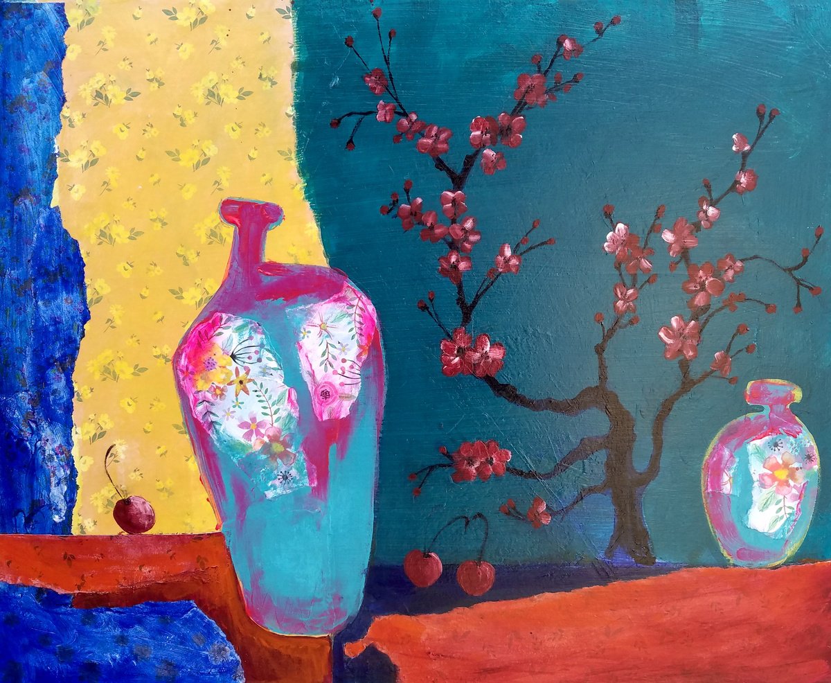 Impressionistic Still Life Painting By Kevin Blake, 20 X 16", Japanese Blossom Ii, Original Artwork