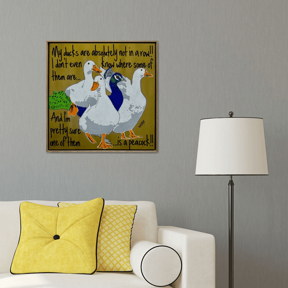 Ducks in a Row Gold Peacock Framed