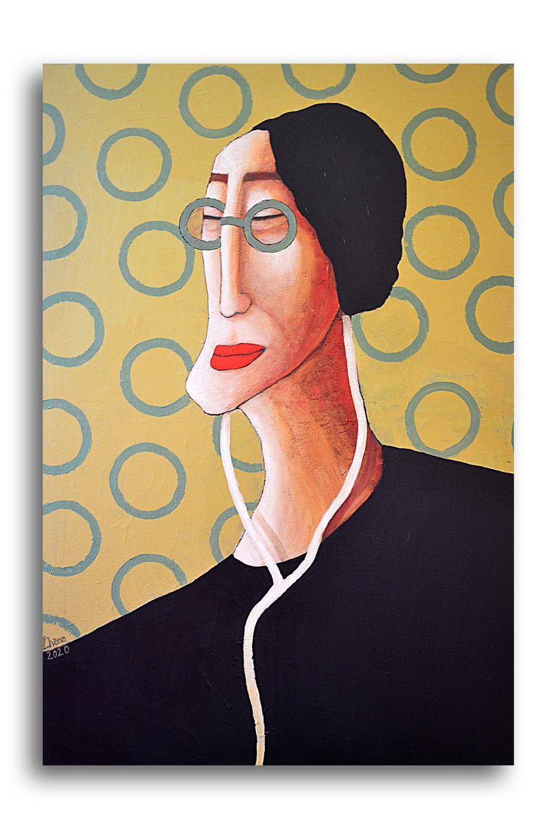 Portrait Acrylic Painting By Zhana Viel, 24 X 36", Tune In Iii, Original Artwork