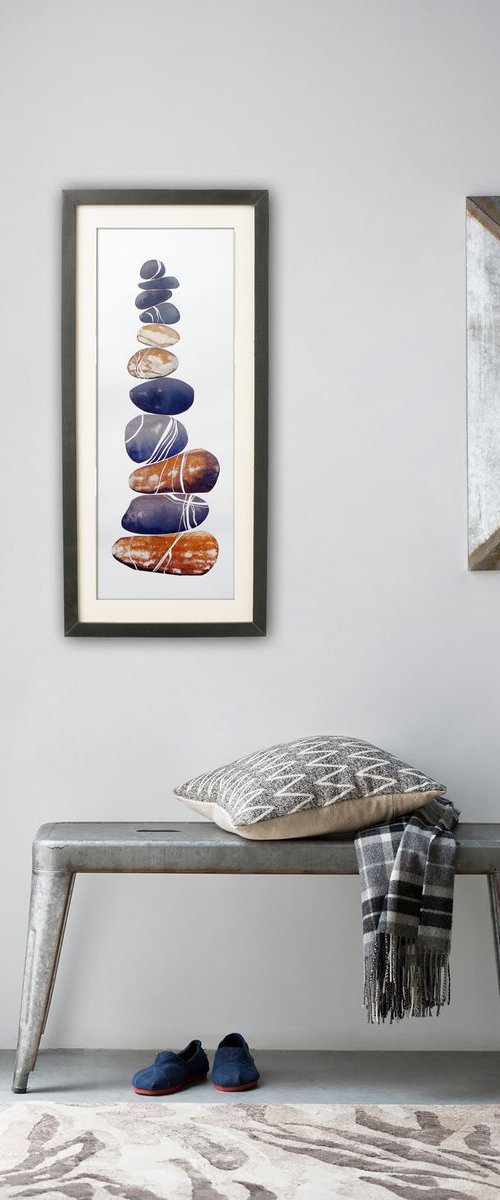 Zen stones - Eleven stones #1 (banded balancing stones lino/monoprint) by Carolynne Coulson