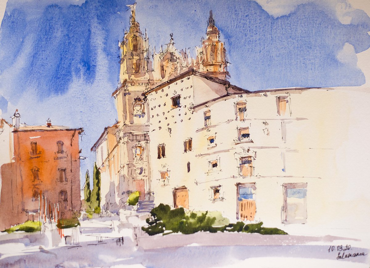 Salamanca. Street sketch. Small original watercolor urban interior home decor gift spain by Sasha Romm