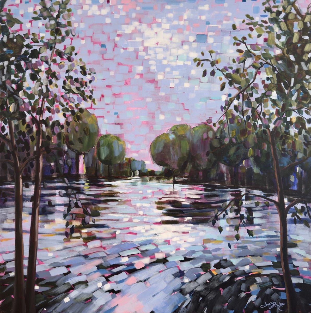 Impressionistic Landscape Acrylic Painting By Sandra Gebhardt-Hoepfner, 31 X 31", Good Things Will Come 1, Original Artwork