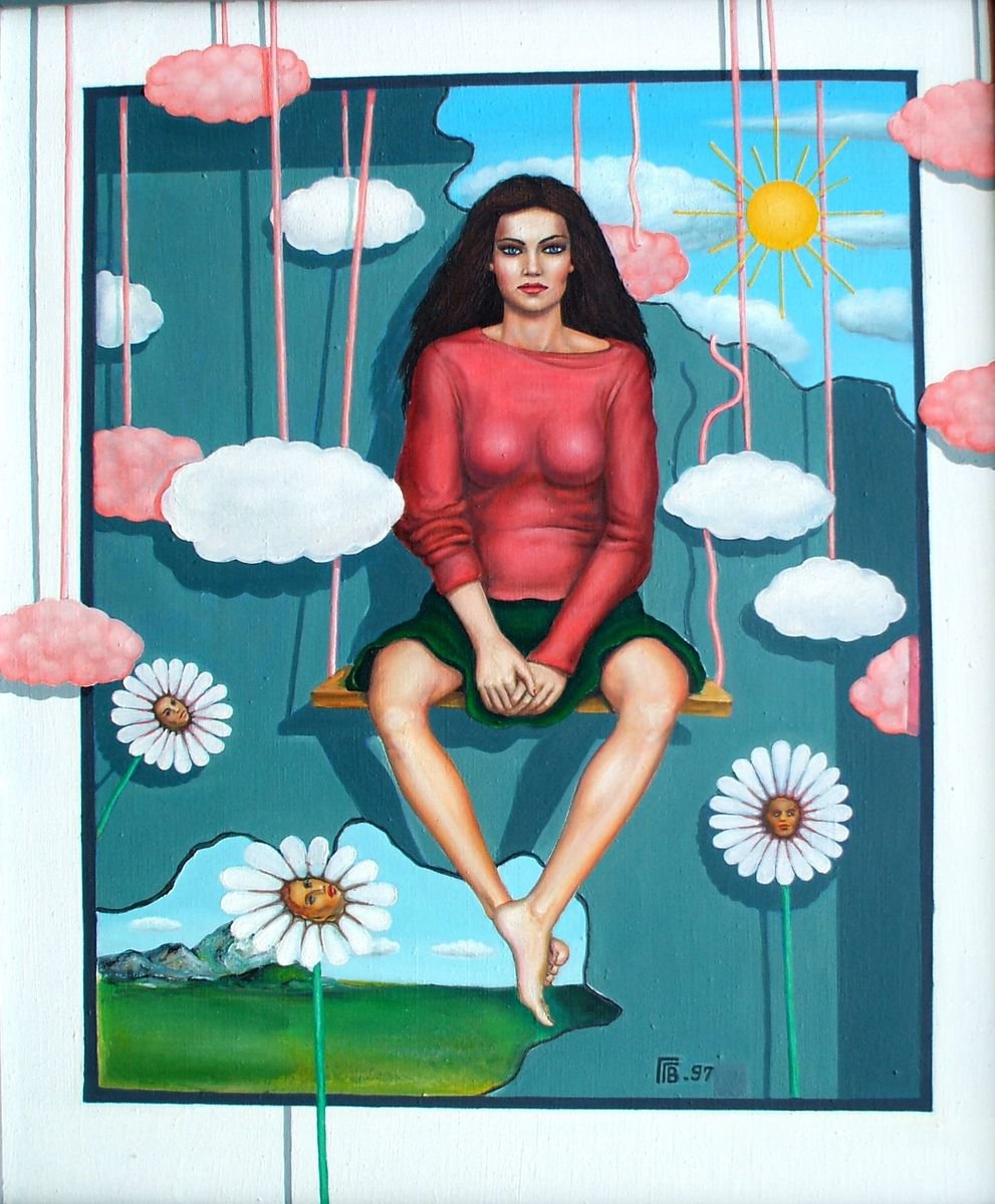 Surrealistic Portrait Oil Painting By Grigor Velev, 22 X 26, Pink Dream, Original Artwork