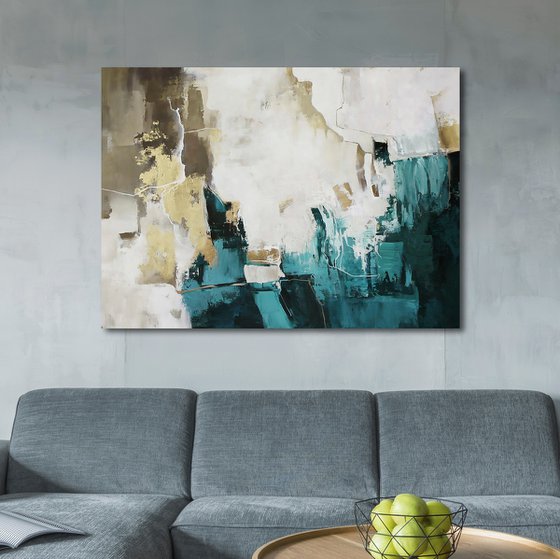 "Teal Flash 2" Abstract teal gold acrylic art