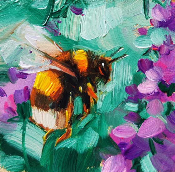 Bee artwork painting original 2x2, Bumblebee painting oil green lavander, Honey bee wall art miniature