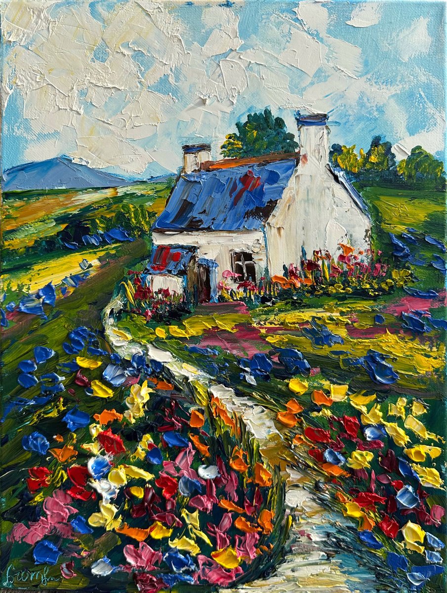 Impressionistic Cityscapes Oil Painting By Oksana Fedorova, 12 X 16", Old House With Flowers, Original Artwork