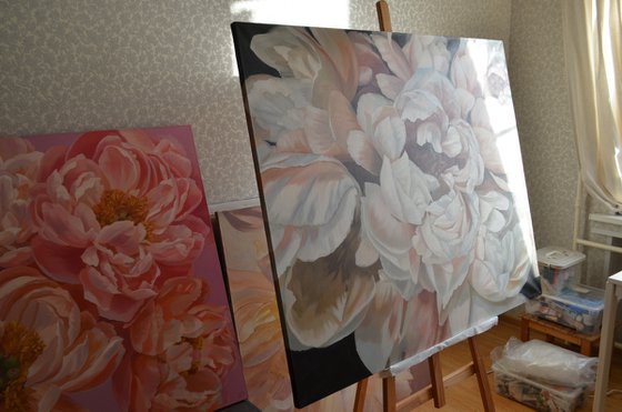 Peonies Rebirth White black flowers bloom peony painting large size realistic flower