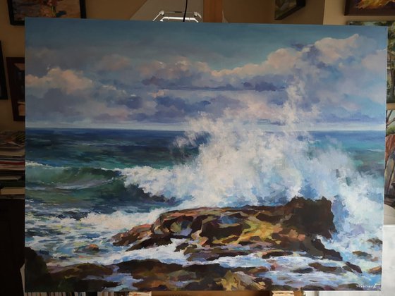 Sun on the ocean wave, original one of a kind acrylic on wide edges canvas seascape