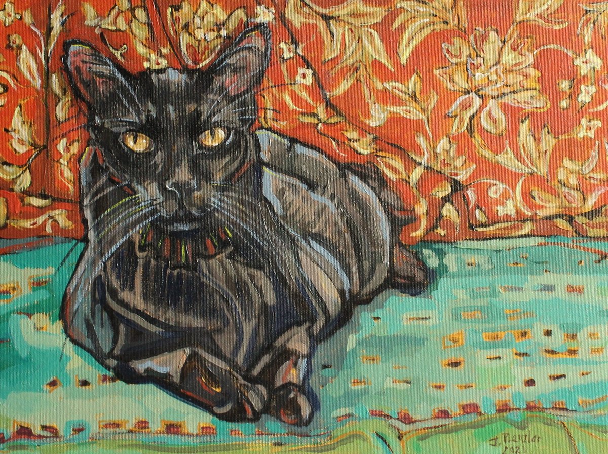 Impressionistic Animal Acrylic Painting By Joanna Plenzler, 16 X 12, Black Cat, Original Artwork