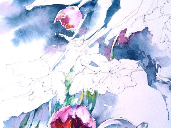 Original watercolor painting "Fantasy floral still life with tulips"