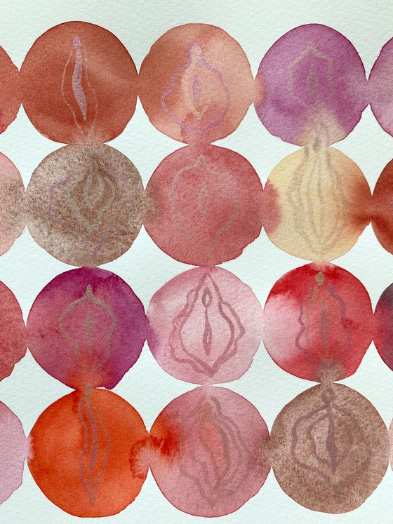 Hidden beauty. Watercolor abstract illustration with vulvas.