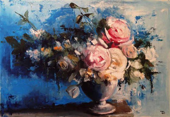 Flowers in blue room- Original oil painting- 32 x 47 cm (12' x 18')