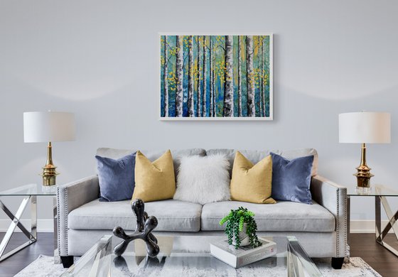 birches blue yellow Original Abstract Landscape Paintings From New Zealand