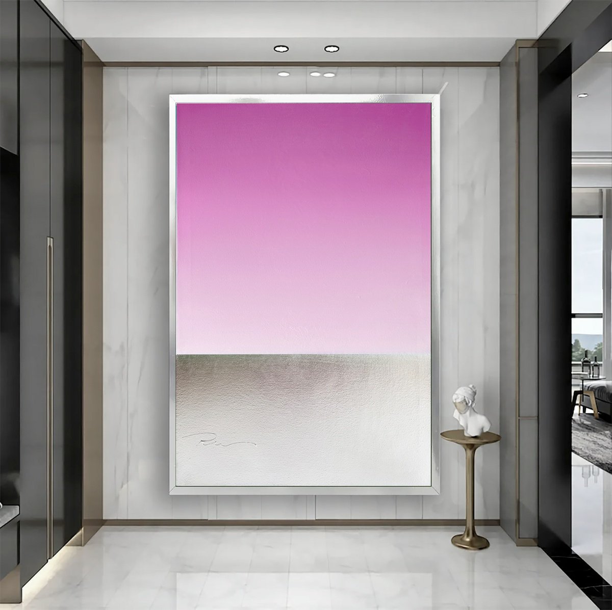 Abstract Landscape Acrylic Painting By Indie Ru, 39 X 59, Minimalist Pink Sunrise On Sea, Original Artwork