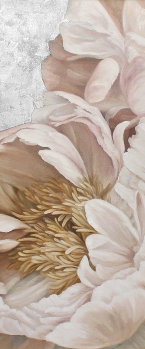 "Silk Flowers" Pink silver peonies oil art by Olha Tsapenko