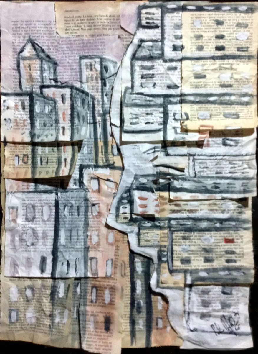 Surrealistic Cityscapes Painting By Paolo Beneforti, 14 X 19", Wrong Way, Original Artwork