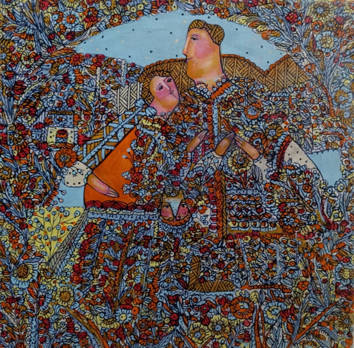 Naive Portrait Acrylic Painting By Tetiana Osadchuk, 12 X 12", A Wonderful Story, Original Artwork